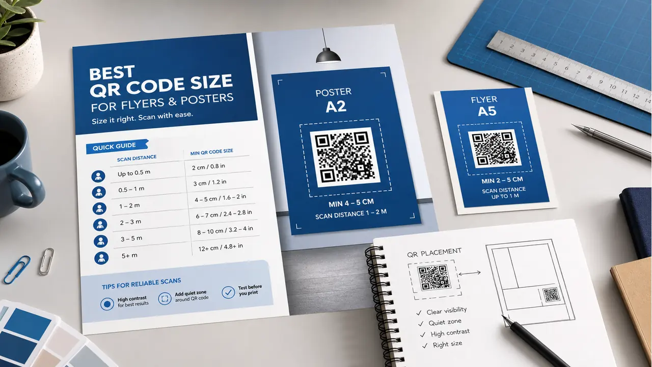 QR code sizing guide shown on flyer and poster print mockups