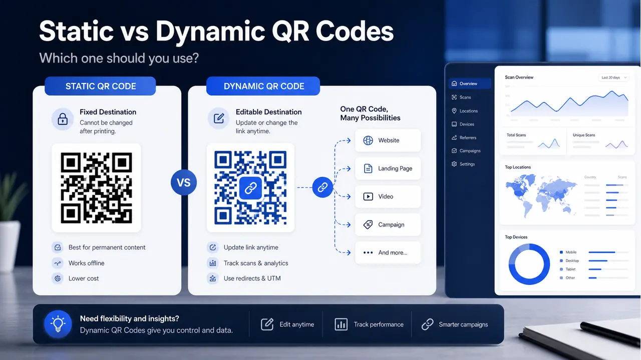 Static versus dynamic QR code comparison dashboard